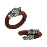 Balinese 925 Sterling Silver Dragon Head Bracelet With Light Brown Leather For Men